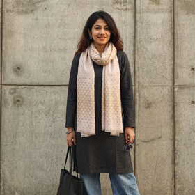 Beige Pyramid Zari Weave Fine Wool Stole, worn by a woman, AI visual of the stole, iTokri