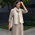 Beige Pyramid Zari Weave Fine Wool Stole, worn by a woman, AI visual of the stole, iTokri