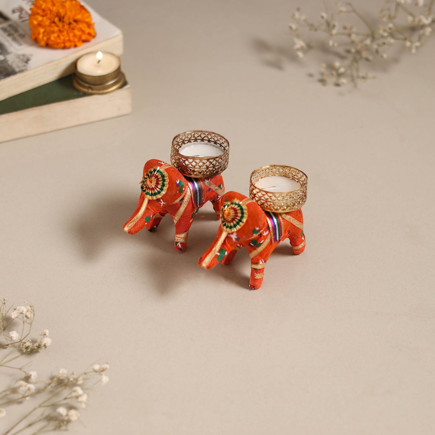 Rajasthani elephant handmade tealight candle holder (set