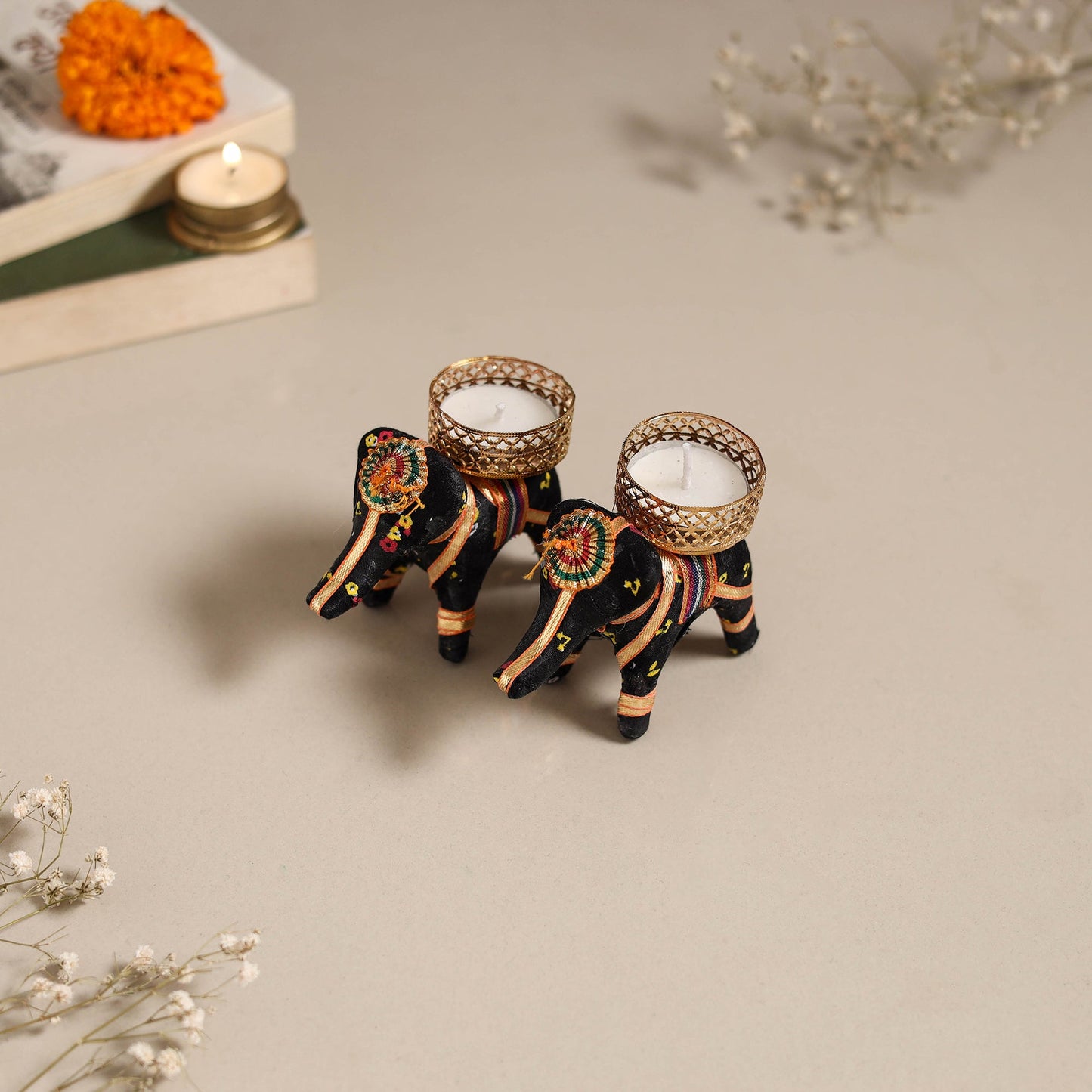 Rajasthani elephant handmade tealight candle holder (set