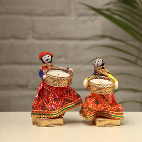  Rajasthani Puppet Couple Handmade Tealight Candle Holders (Set of 2) 