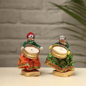  Rajasthani Puppet Couple Handmade Tealight Candle Holders (Set of 2) 