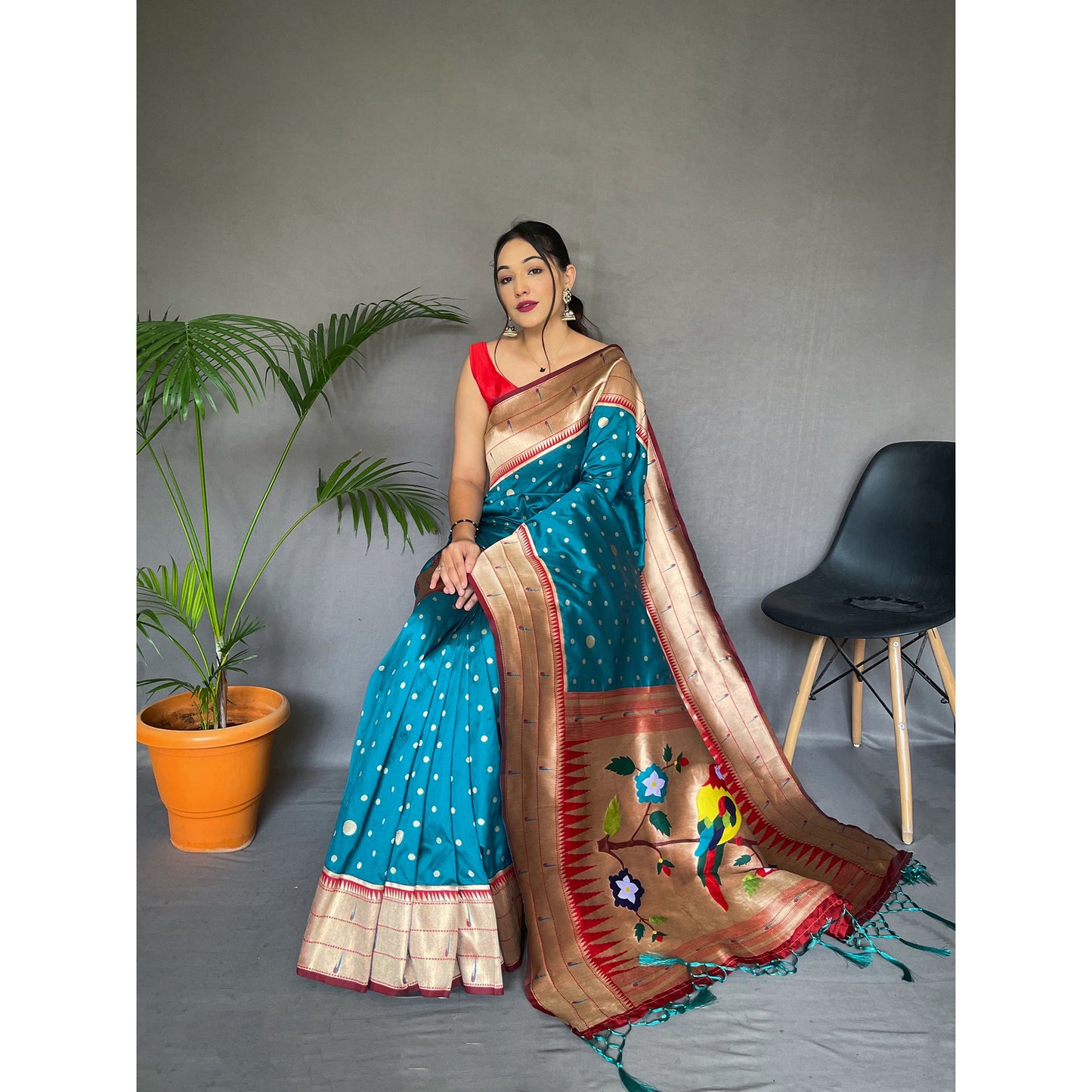 Blue - Polka Paithani Rama Paithani Silk Handwork Saree