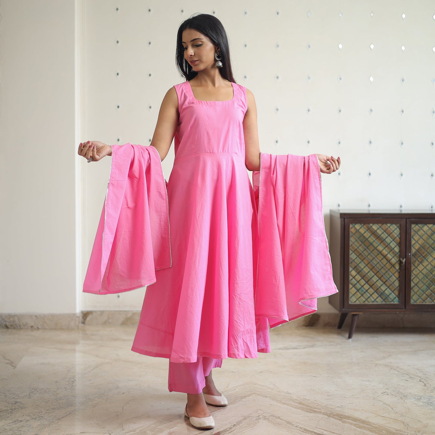  Rasika Pink Cotton Flared Kurta with Palazzo & Dupatta Set 