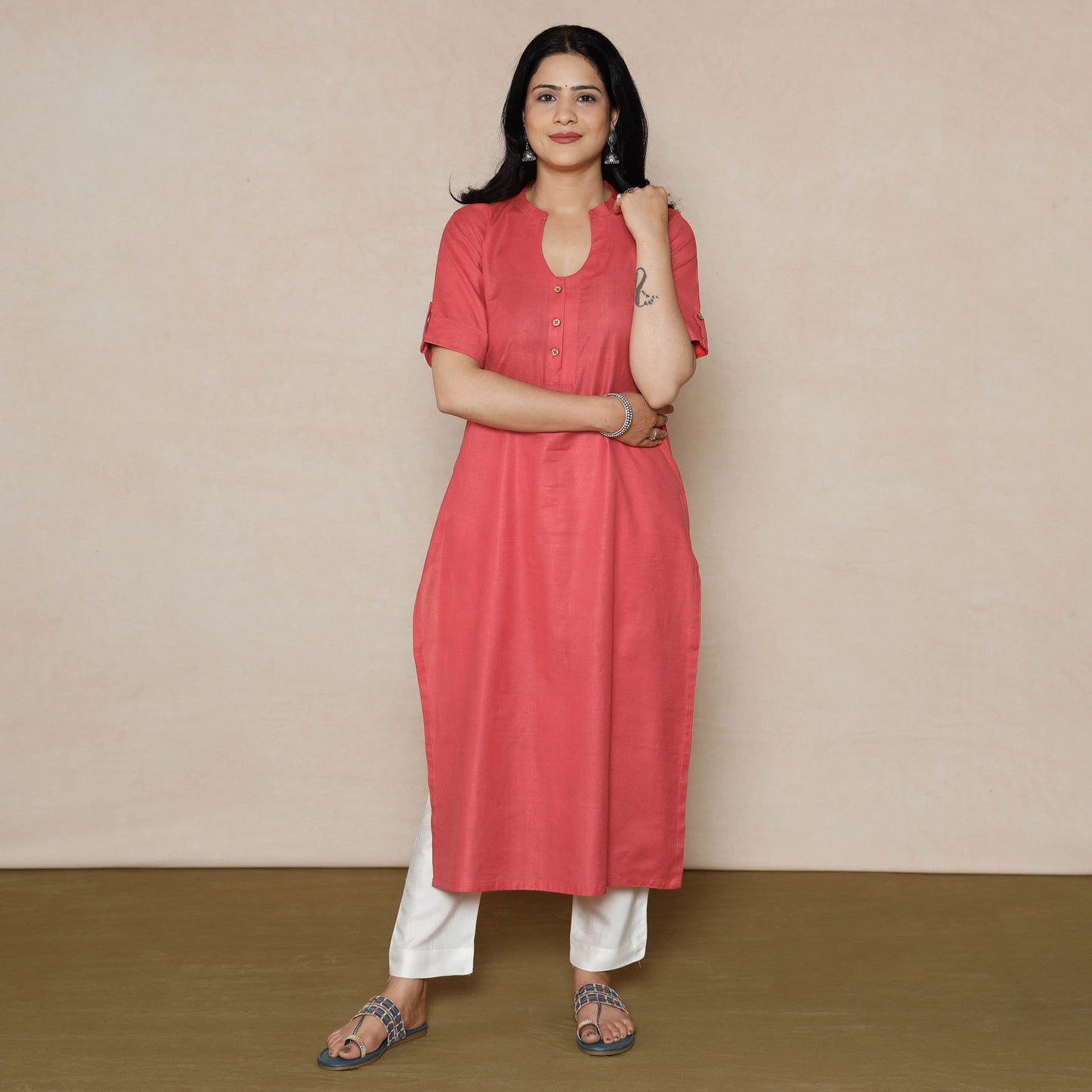  Rayon Dark Pink Linen Viscose Plain Long Kurta 