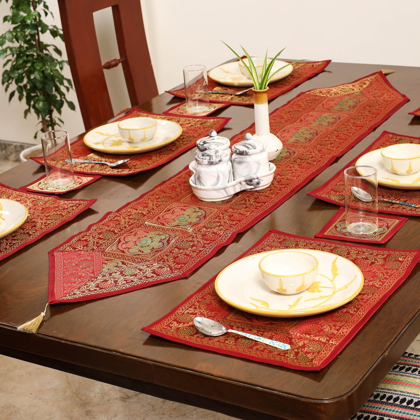 Red - 13pc dining table linen set in brocade banarasi silk