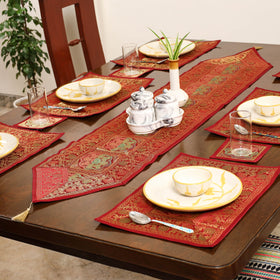 Red - 13pc dining table linen set in brocade banarasi silk