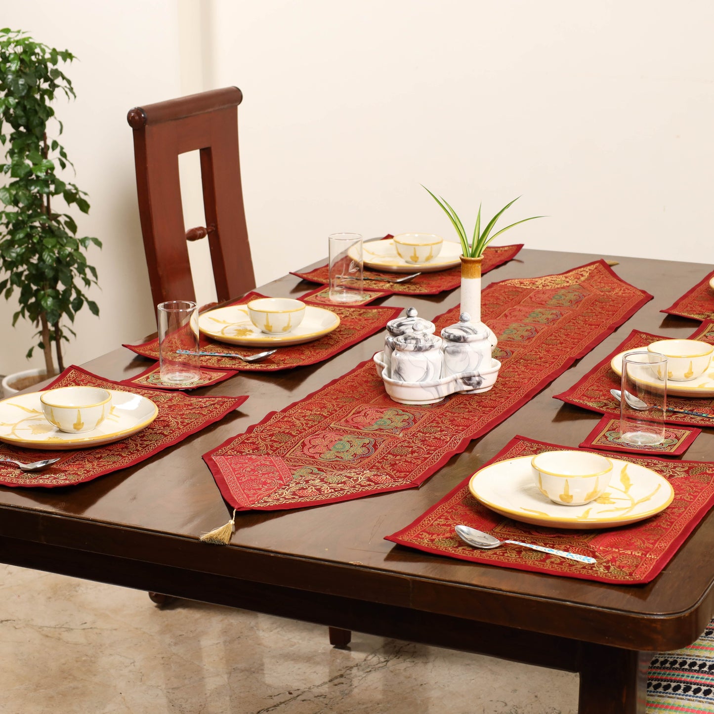 Red - 13pc dining table linen set in brocade banarasi silk