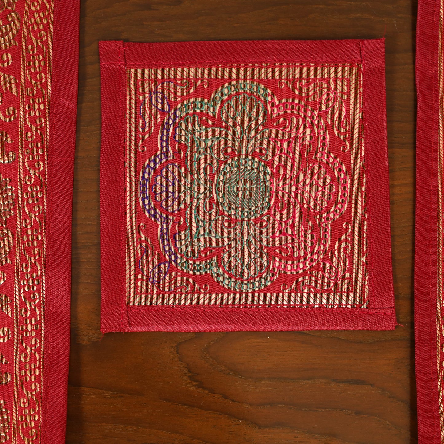 Red - 13pc dining table linen set in brocade banarasi silk