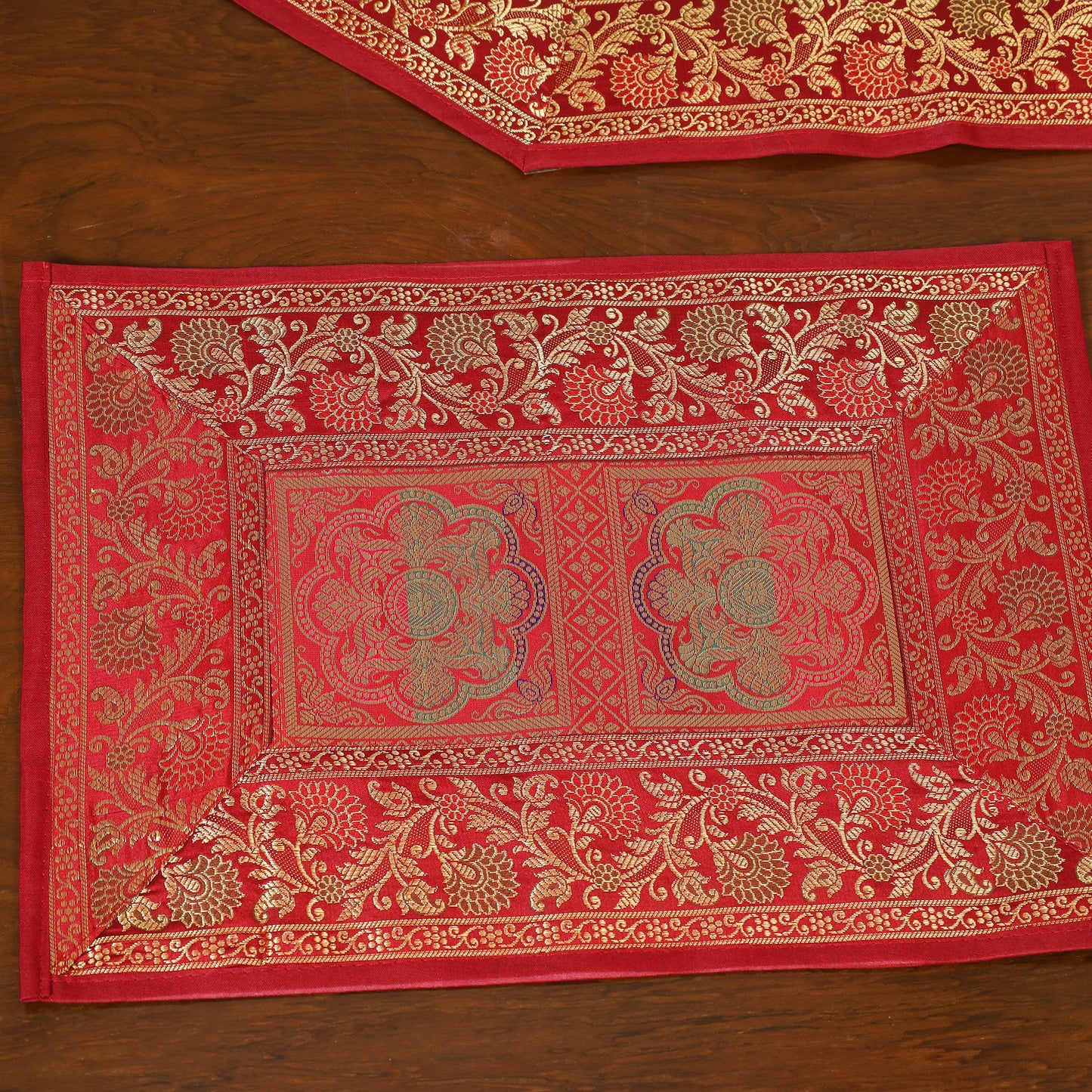 Red - 13pc dining table linen set in brocade banarasi silk