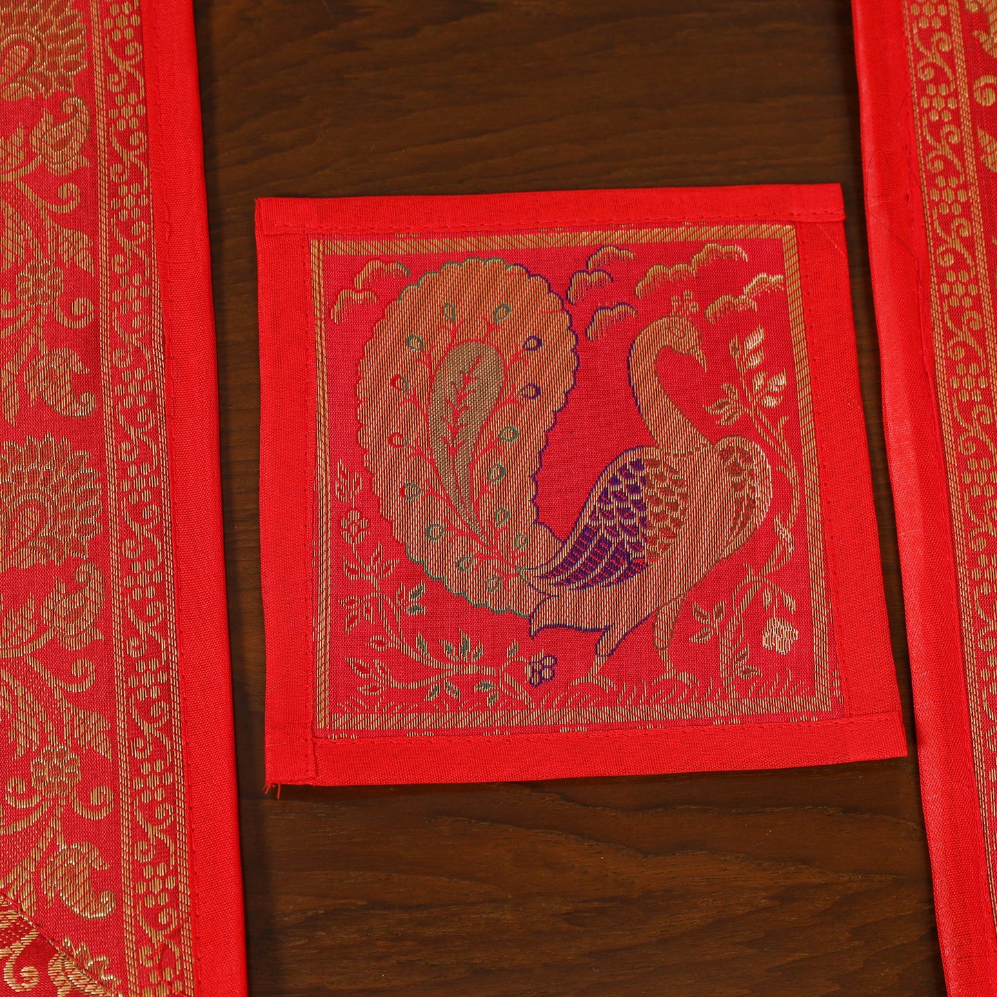 Red - 13pc dining table linen set in brocade banarasi silk