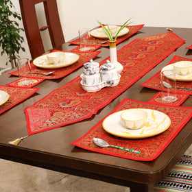 Red - 13pc dining table linen set in brocade banarasi silk