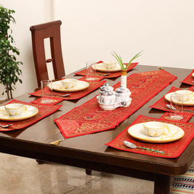 Red - 13pc dining table linen set in brocade banarasi silk