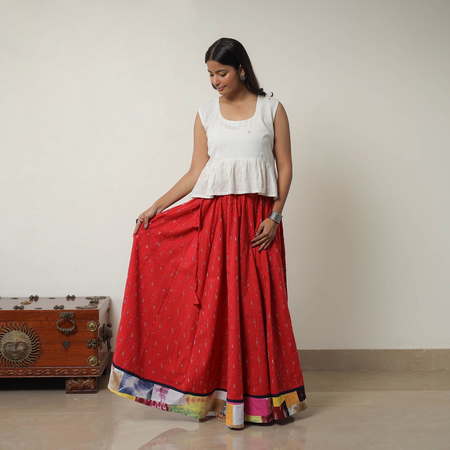 Red - 24 kali cotton pochampally ikat skirt 11 - handcrafted