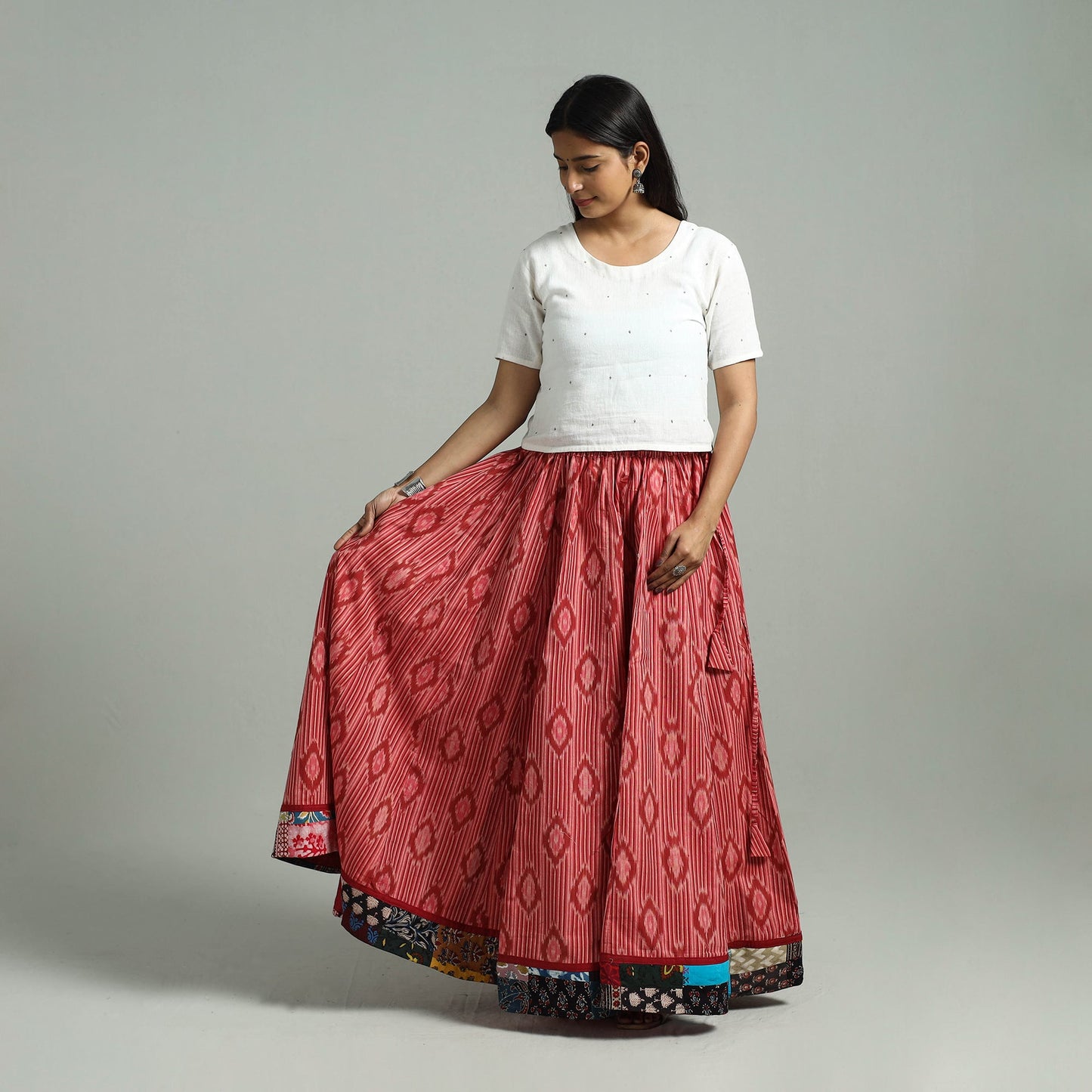 Red - 24 kali patchwork cotton pochampally ikat skirt 43