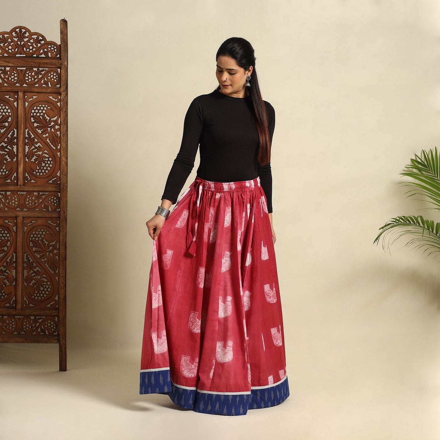 Buy 24 Kali Red Patchwork Cotton Long Shibori Tie-Dye Skirt