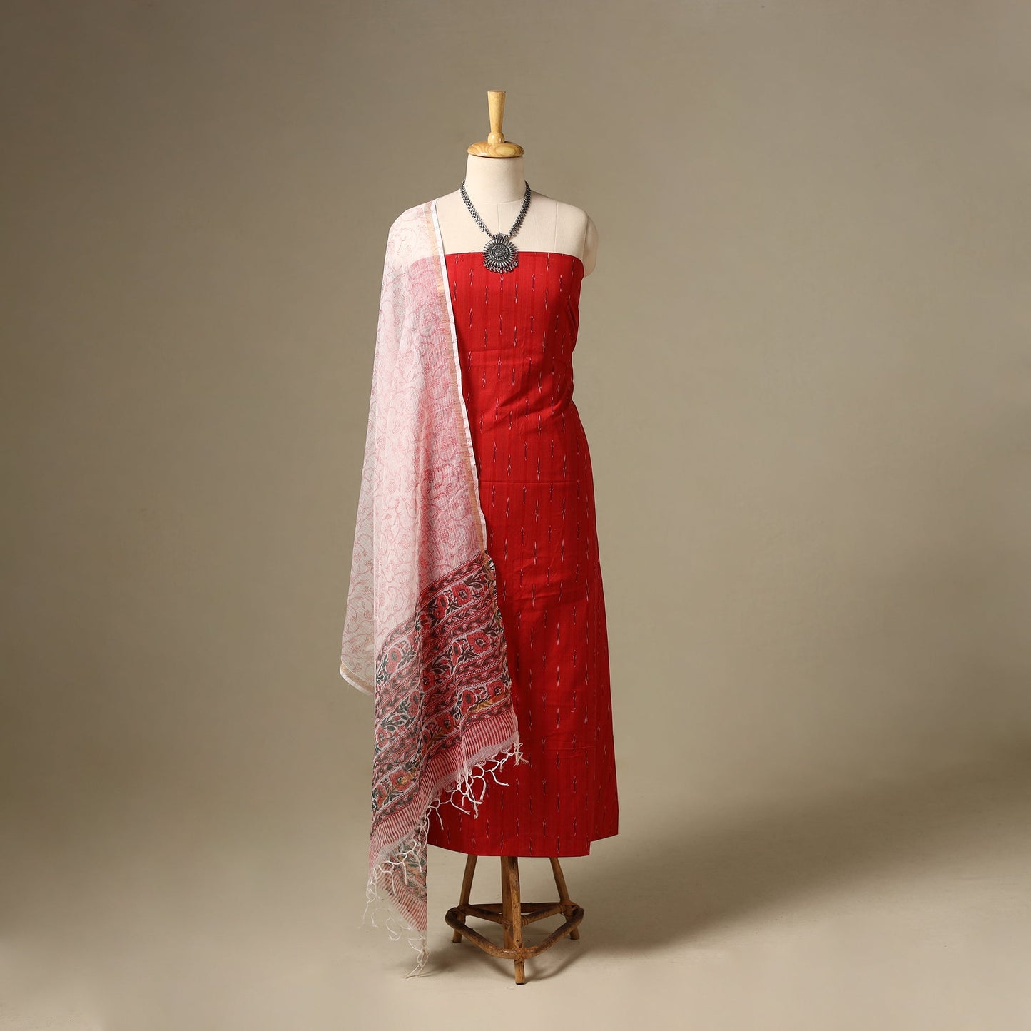 Red - 2pc cotton ikat kurta with dupatta 09 - handcrafted