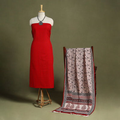 Red - 2pc cotton jacquard unstitched kurta with bagh