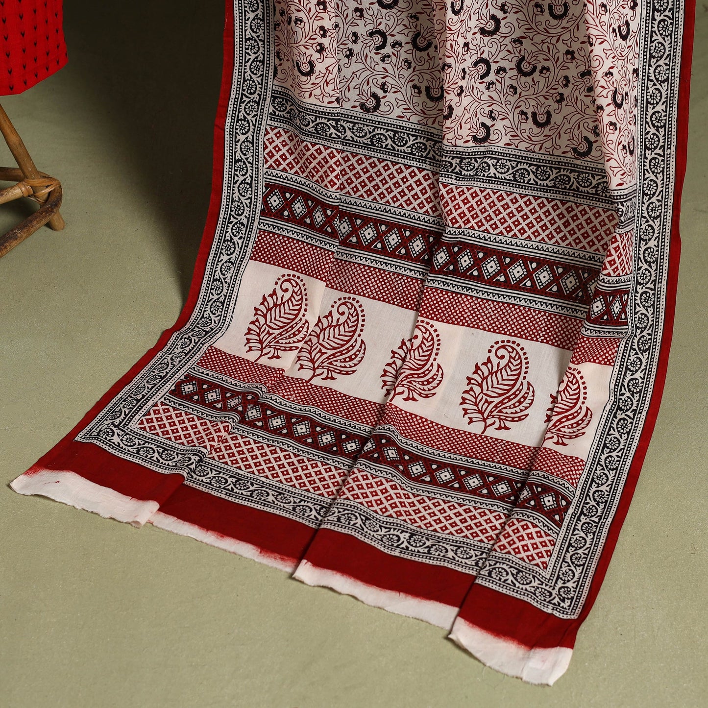 Red - 2pc cotton jacquard unstitched kurta with bagh