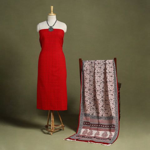 Red - 2pc cotton jacquard unstitched kurta with bagh