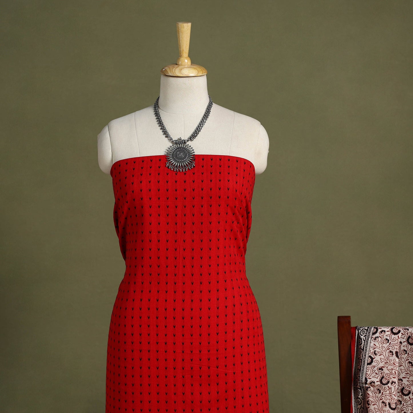 Red - 2pc cotton jacquard unstitched kurta with bagh