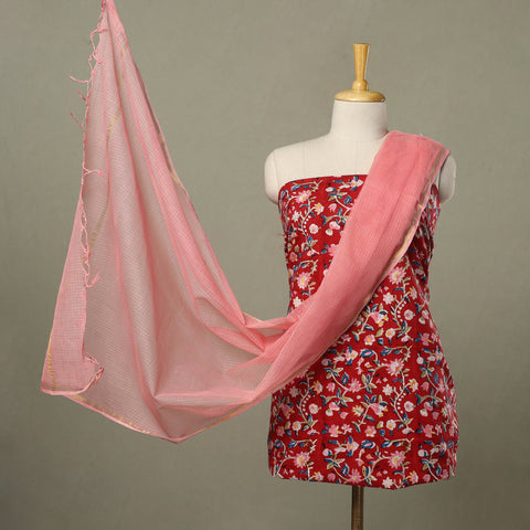 Buy 2pc Cotton Red Sanganeri Print Kurta with Plain Dupatta