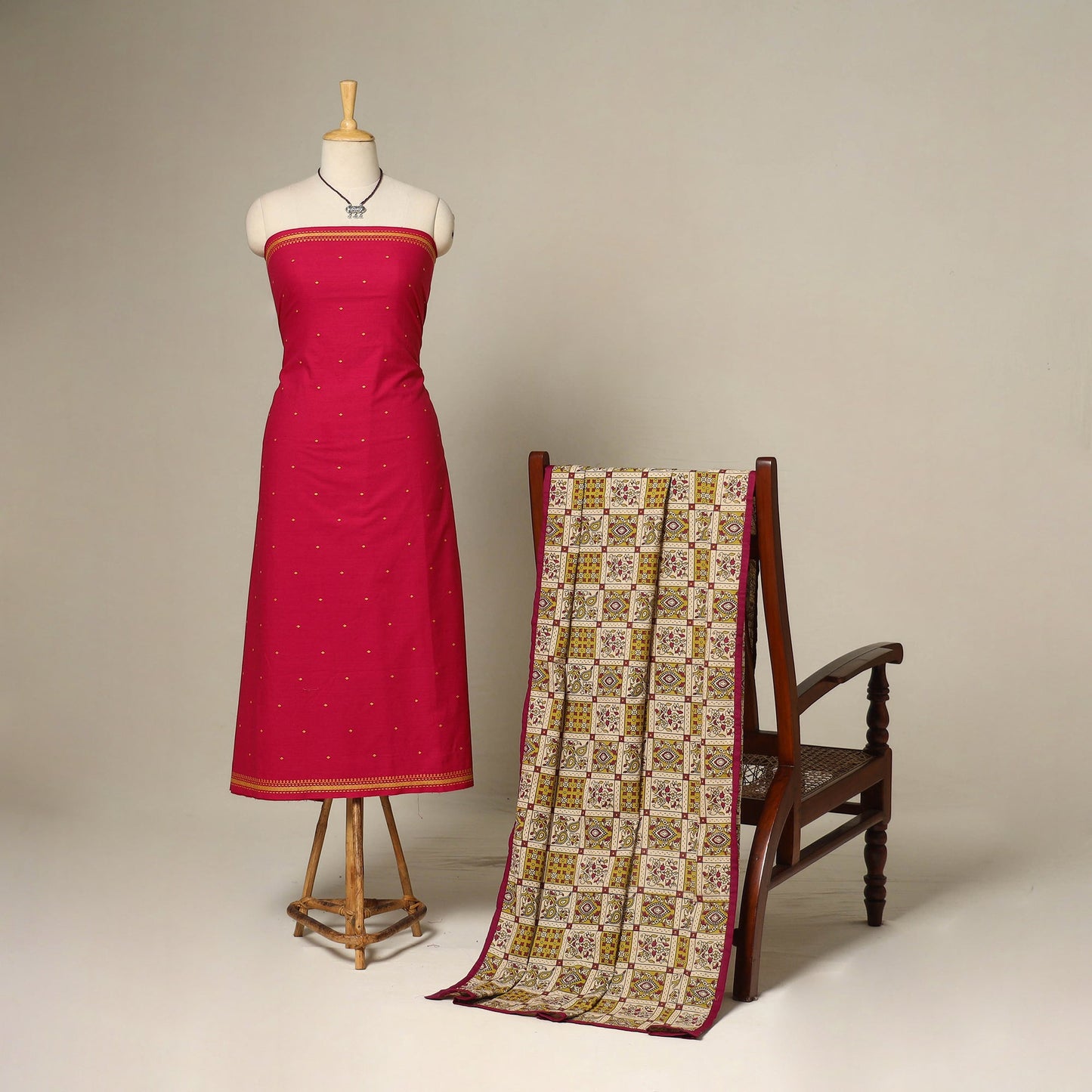 Red - 2pc cotton unstitched jacquard dress material