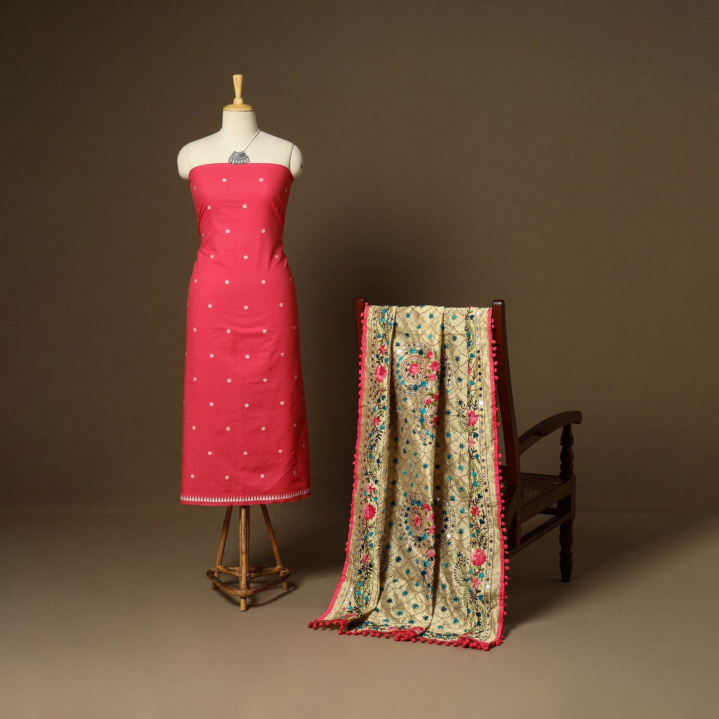 Red - 2pc cotton unstitched jacquard dress material