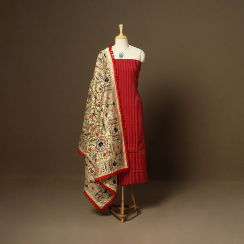 Red - 2pc cotton unstitched jacquard dress material