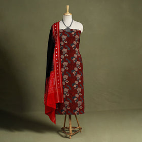 Red - 2pc cotton unstitched kurta with ikat dupatta 04