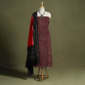 Red - 2pc cotton unstitched kurta with ikat dupatta 09