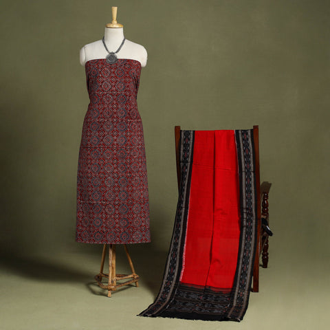 Red - 2pc cotton unstitched kurta with ikat dupatta 09