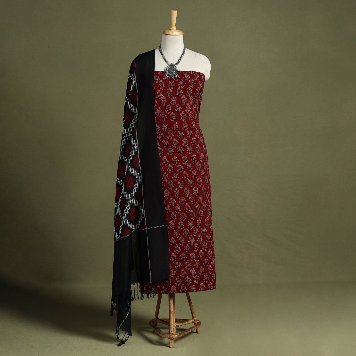 Red 2pc Cotton Ajrakh Print Kurta with Ikat Dupatta