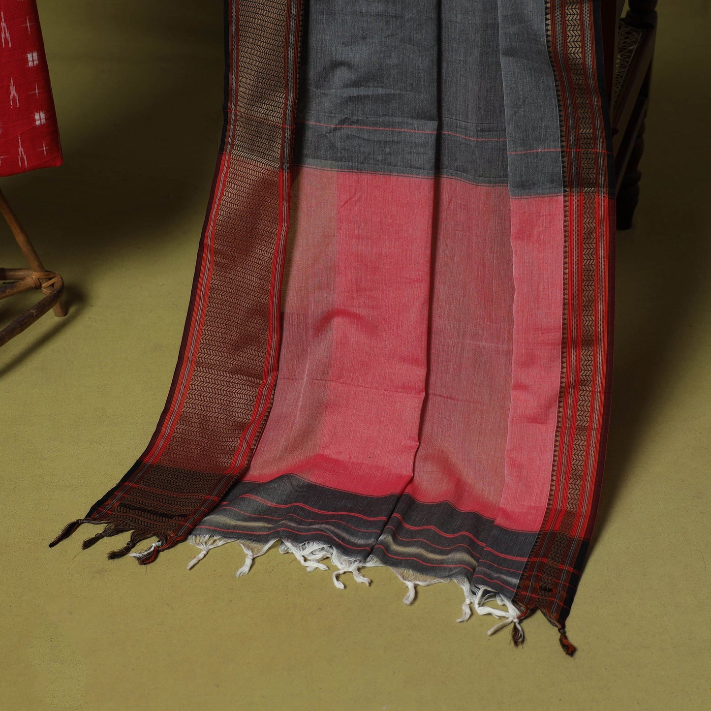 Red - 2pc cotton unstitched pochampally double ikat dress