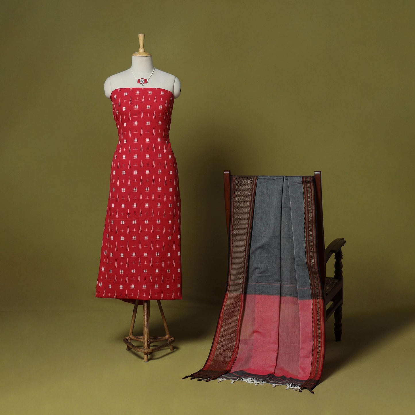 Red - 2pc cotton unstitched pochampally double ikat dress