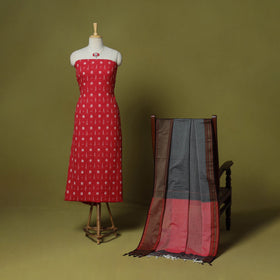 Red - 2pc cotton unstitched pochampally double ikat dress
