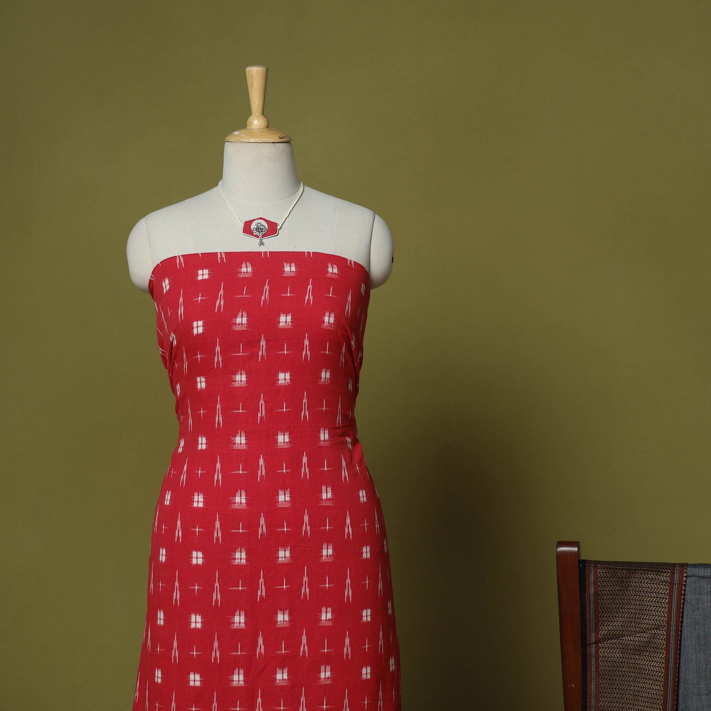 Red - 2pc cotton unstitched pochampally double ikat dress