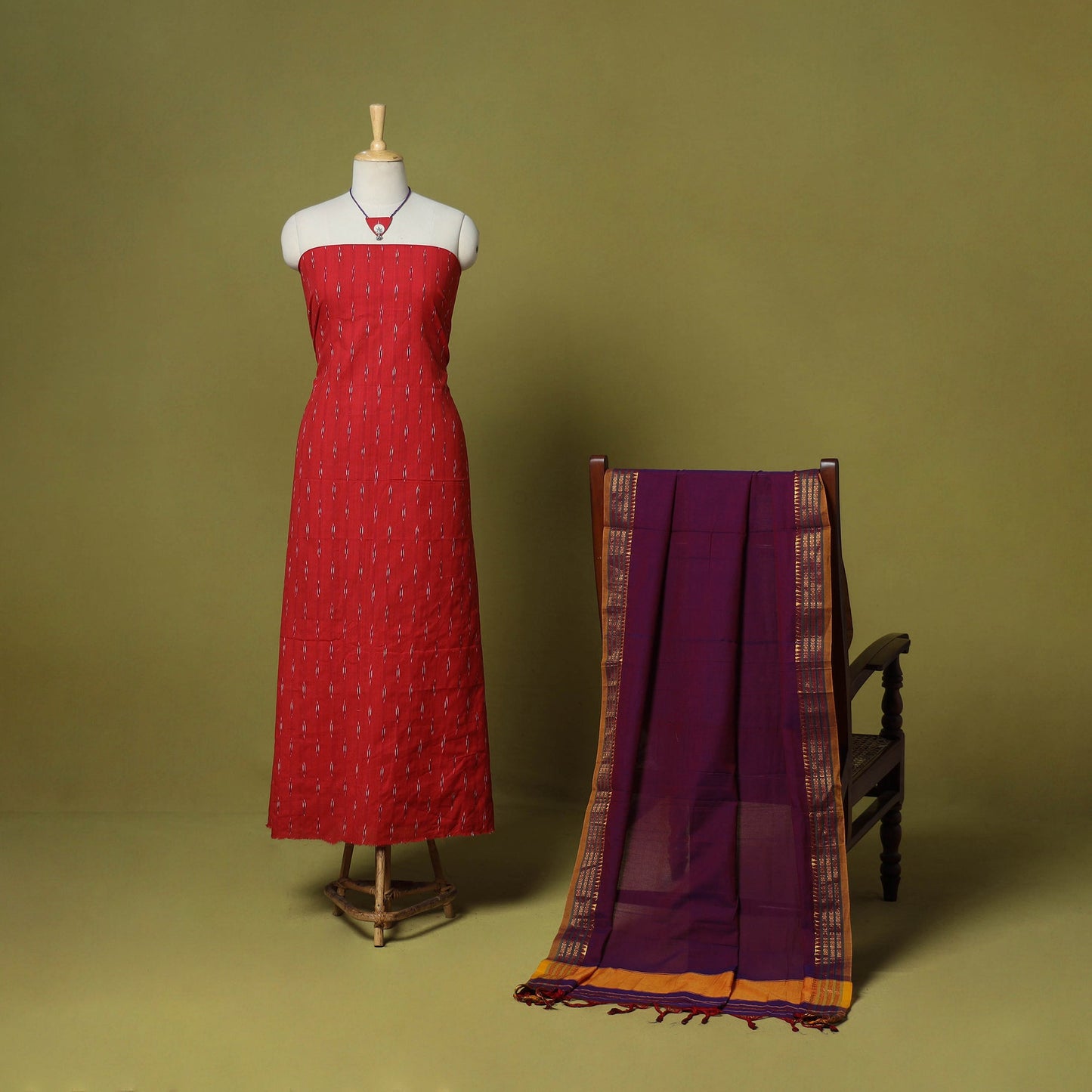 Red - 2pc cotton unstitched pochampally ikat dress material