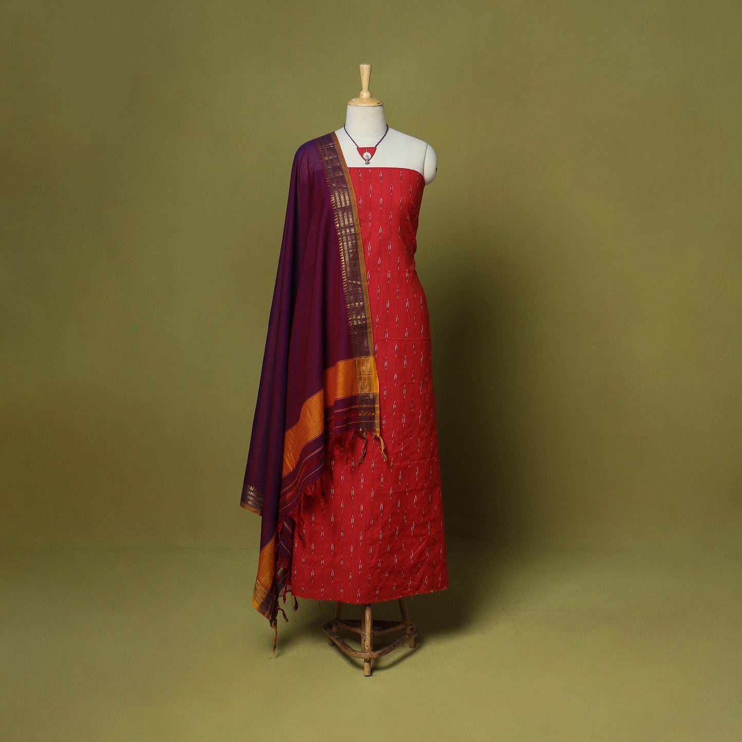 Red - 2pc cotton unstitched pochampally ikat dress material