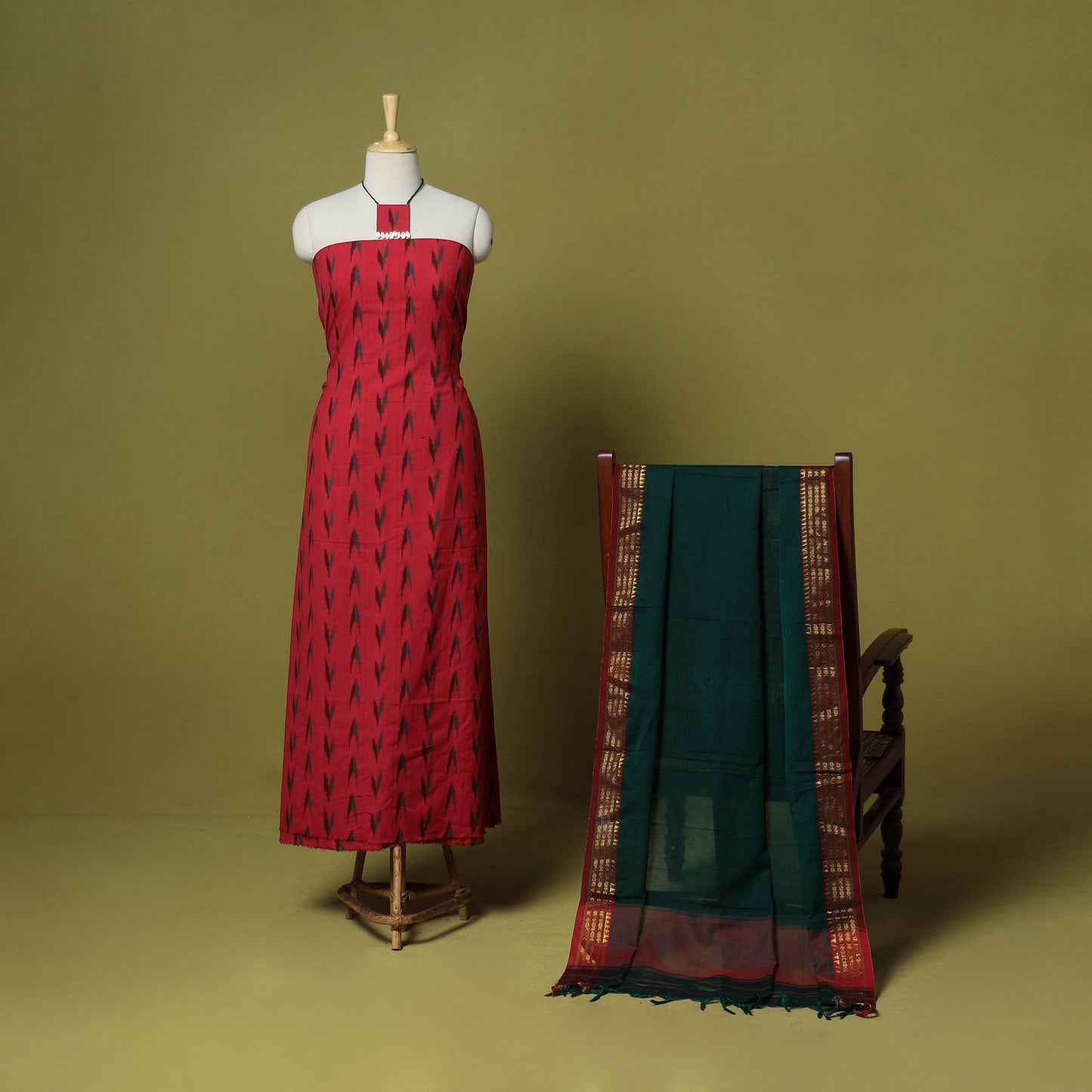 Red - 2pc cotton unstitched pochampally ikat dress material