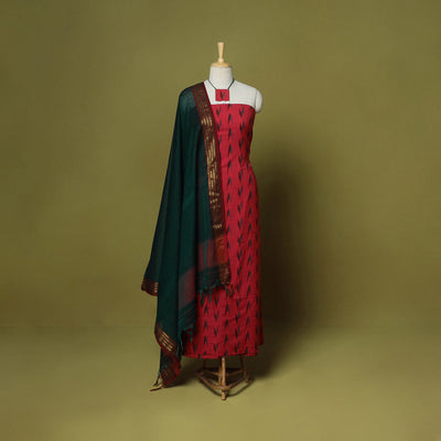 Red - 2pc cotton unstitched pochampally ikat dress material