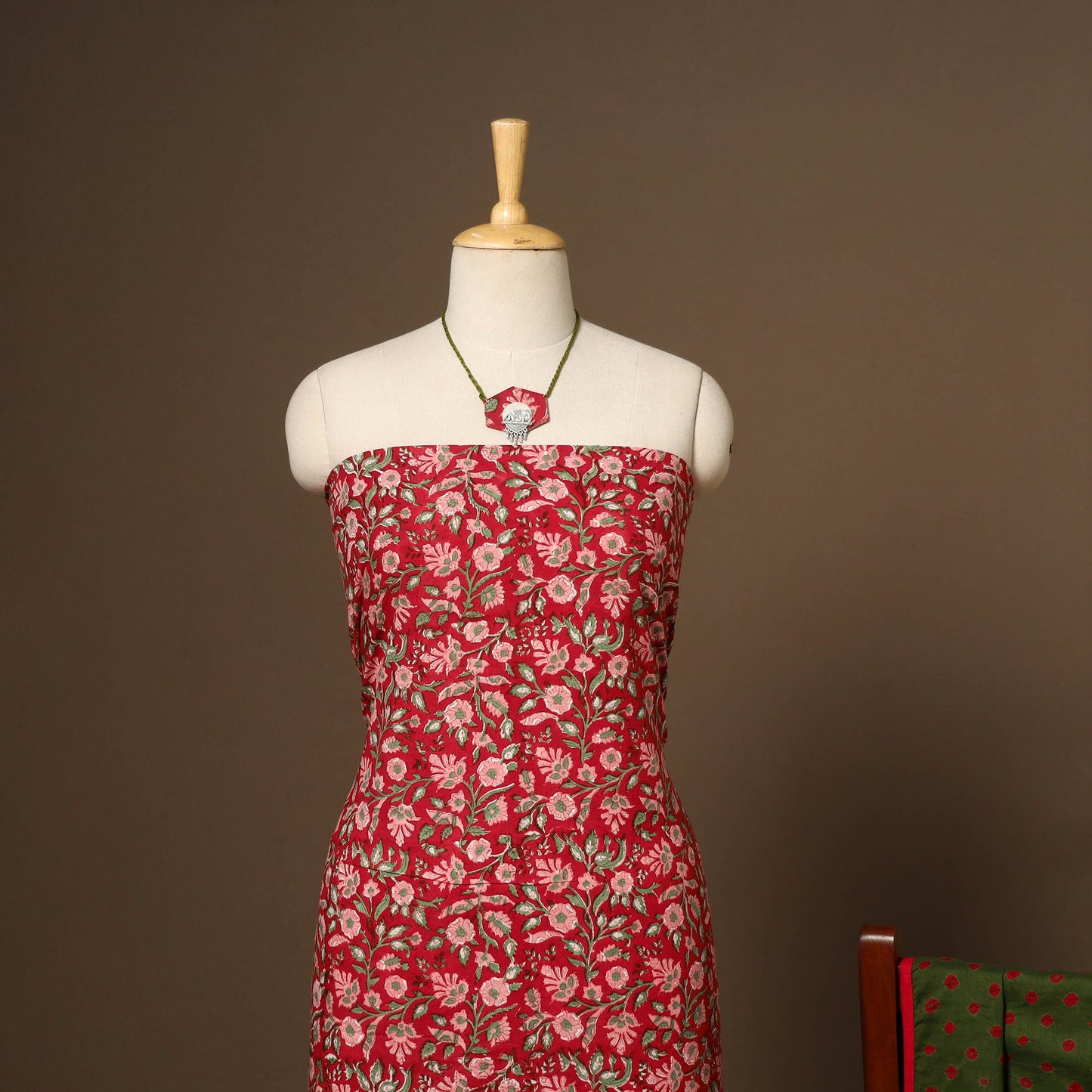 Red - 2pc cotton unstitched sanganeri dress material