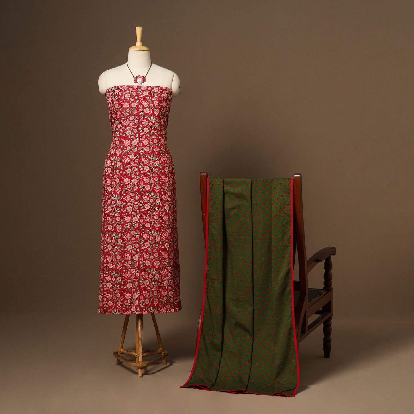 Red - 2pc cotton unstitched sanganeri dress material