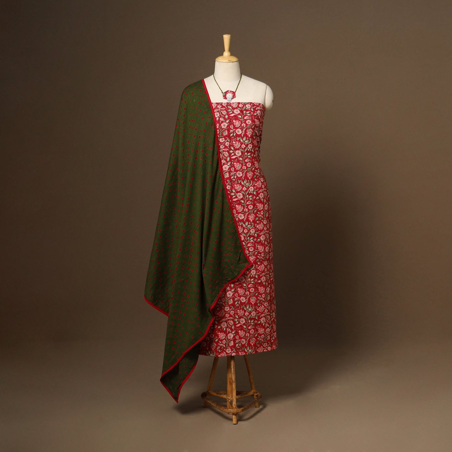 Red - 2pc cotton unstitched sanganeri dress material