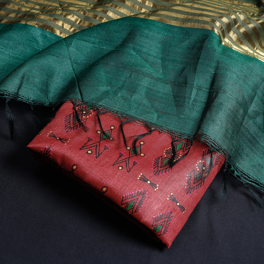  2pc Godna Handpainted Tussar Silk Suit Material with Zari Buta Dupatta 