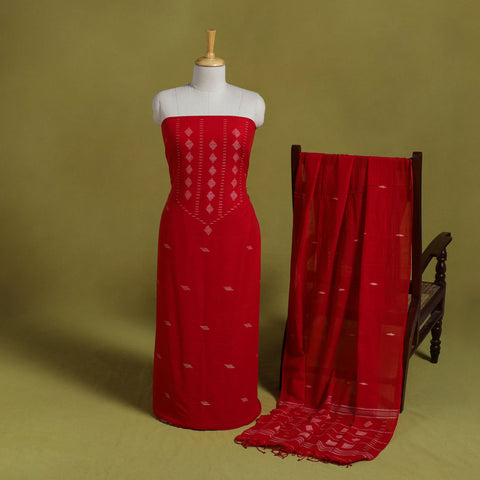  Red 2pc Handloom Cotton Bengal Jamdani Dress Material