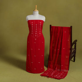  Red 2pc Handloom Cotton Bengal Jamdani Dress Material