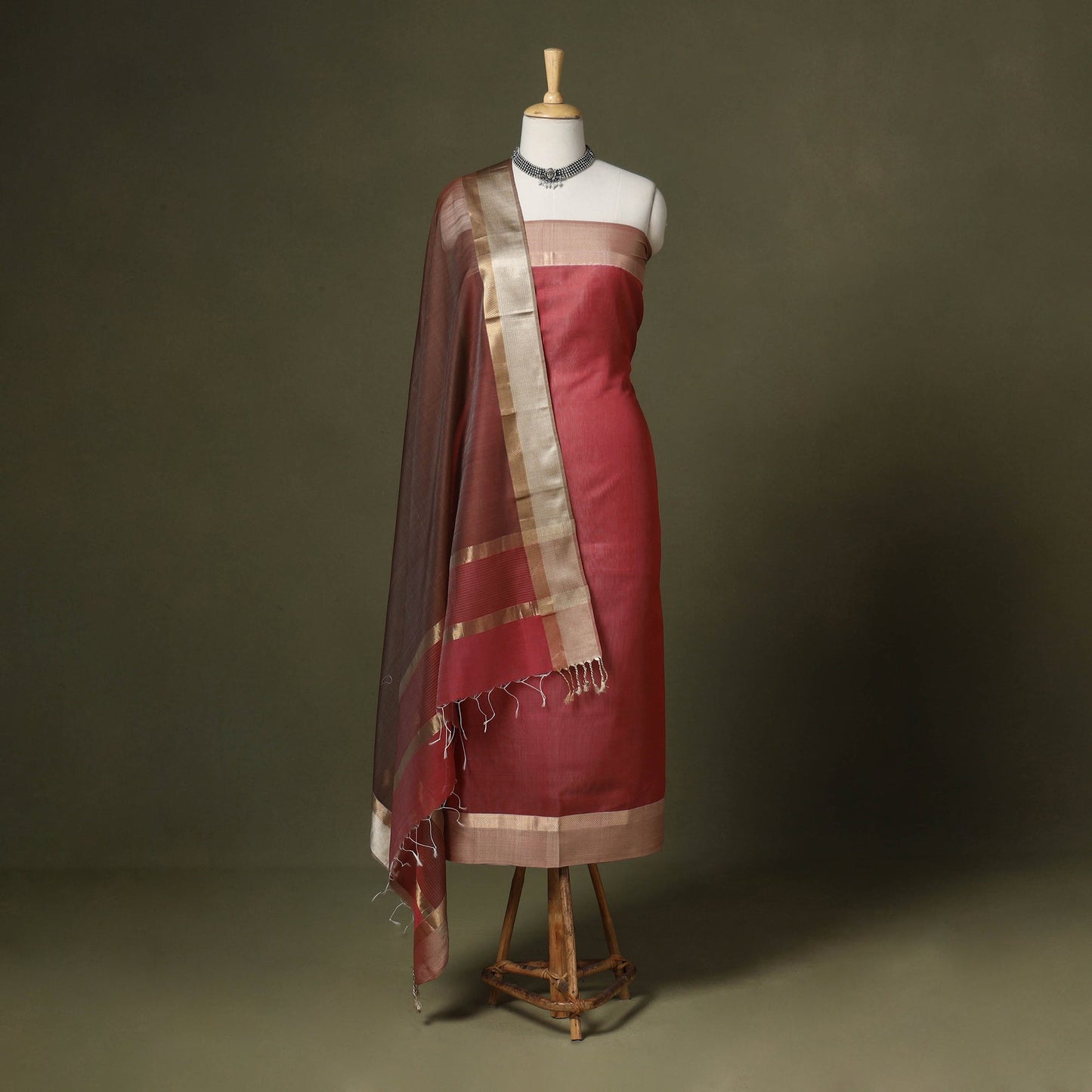 Red 2pc Handloom Unstitched Maheshwari Dress Material with Border