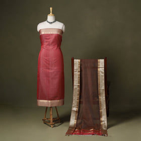 Red 2pc Handloom Unstitched Maheshwari Dress Material with Border