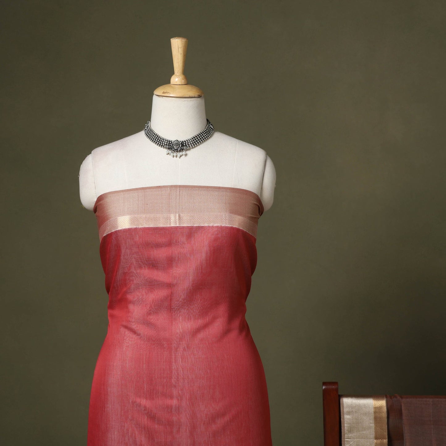 Red 2pc Handloom Unstitched Maheshwari Dress Material with Border